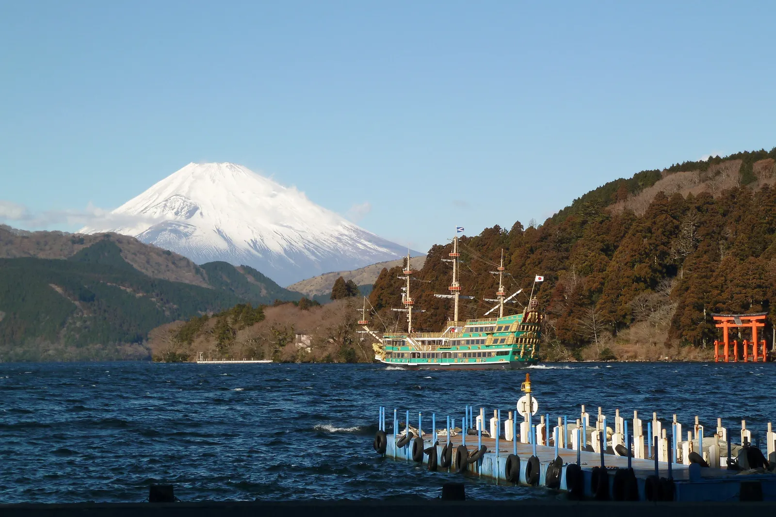 Lake Ashi in Hakone with mountain forests and Mount Fuji on the horizon