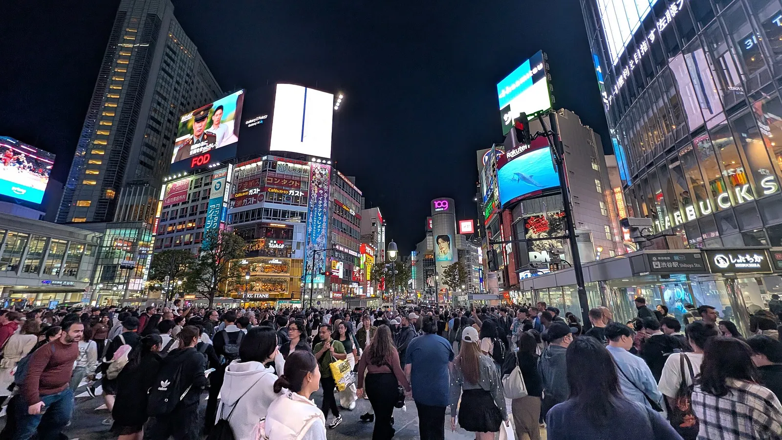 Traveler using a smartphone outside a brightly lit Japanese convenience store at night
