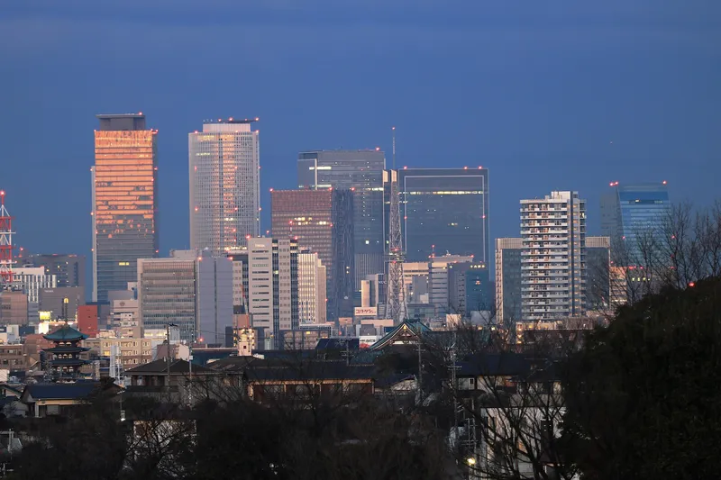 Nagoya city skyline with the TV tower and Oasis 21 glowing above downtown Sakae